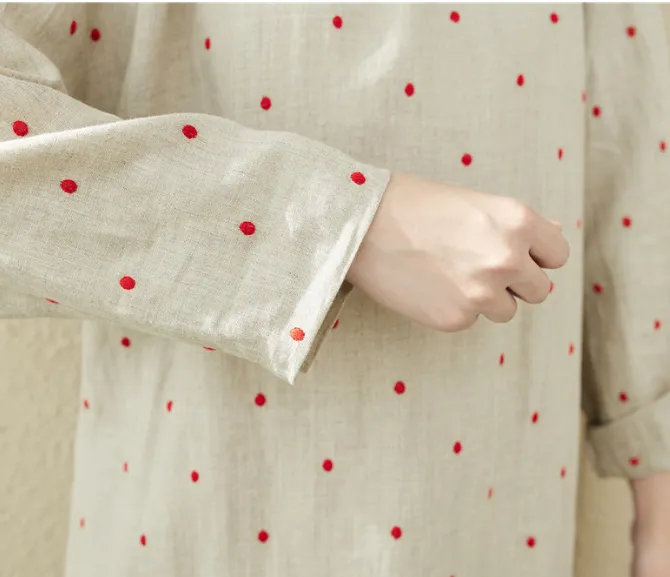 Red Dot Emboridery Summer Linen Women Dresses Washed Soft Loose Long Sleeve Women Dresses 97295