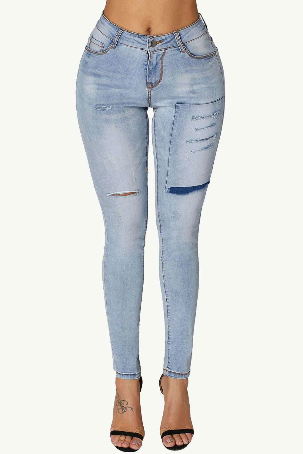 Ripped Straight Legs Acid Wash Flattering Denim Jeans