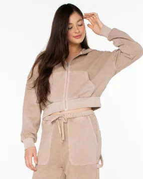 Sahara Vibes Hooded Zip Up Fleece Jacket - Warm Taupe