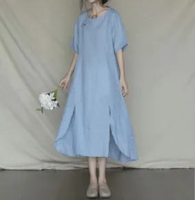 Solid O Neck Slit Button Shift Women Dresses LPP97145