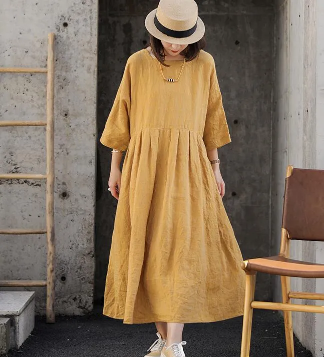 Square Neck Summer Women Linen Dresses Loose Summer Linen Raglan Sleeve Long Women Dresses 7729