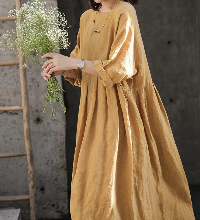 Square Neck Summer Women Linen Dresses Loose Summer Linen Raglan Sleeve Long Women Dresses 7729
