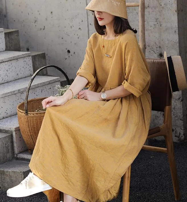 Square Neck Summer Women Linen Dresses Loose Summer Linen Raglan Sleeve Long Women Dresses 7729