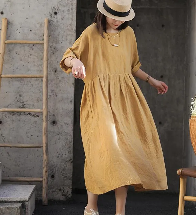 Square Neck Summer Women Linen Dresses Loose Summer Linen Raglan Sleeve Long Women Dresses 7729