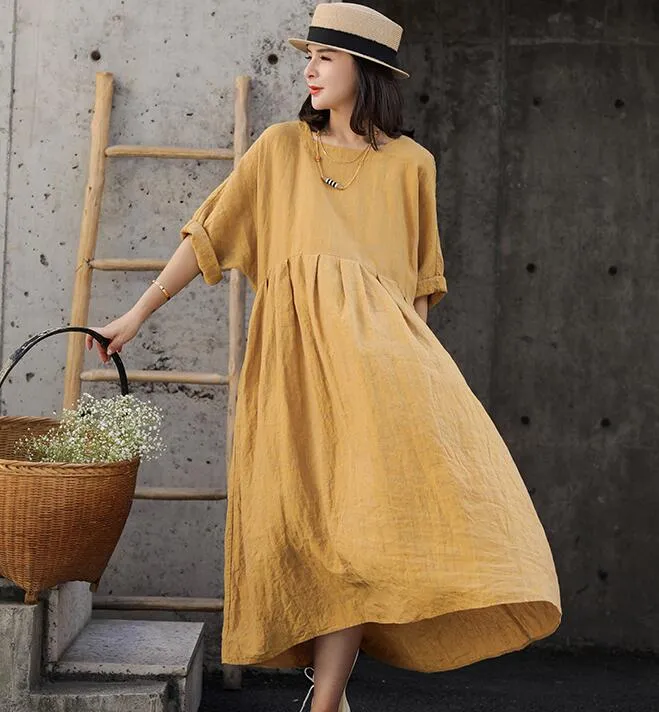 Square Neck Summer Women Linen Dresses Loose Summer Linen Raglan Sleeve Long Women Dresses 7729