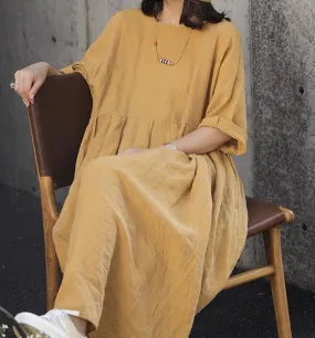 Square Neck Summer Women Linen Dresses Loose Summer Linen Raglan Sleeve Long Women Dresses 7729