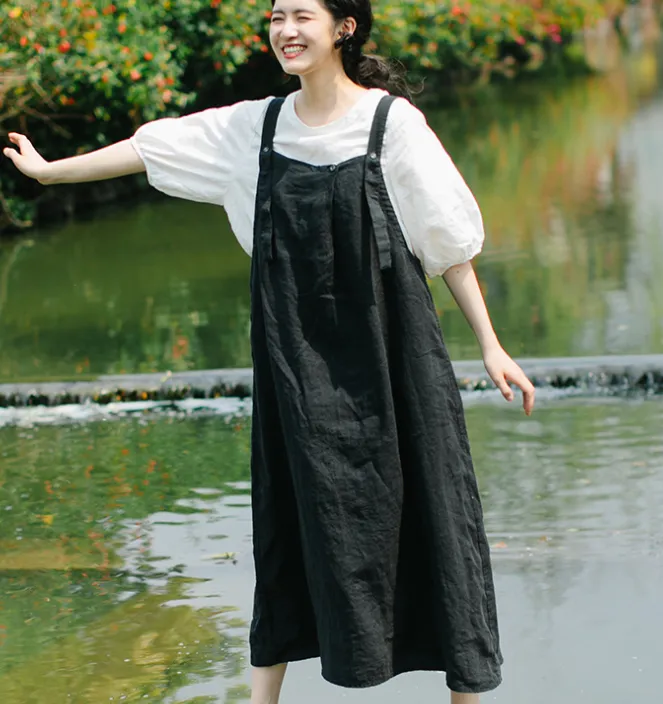 Suspender Linen Soft Washed Summer Linen Women Dresses  57282