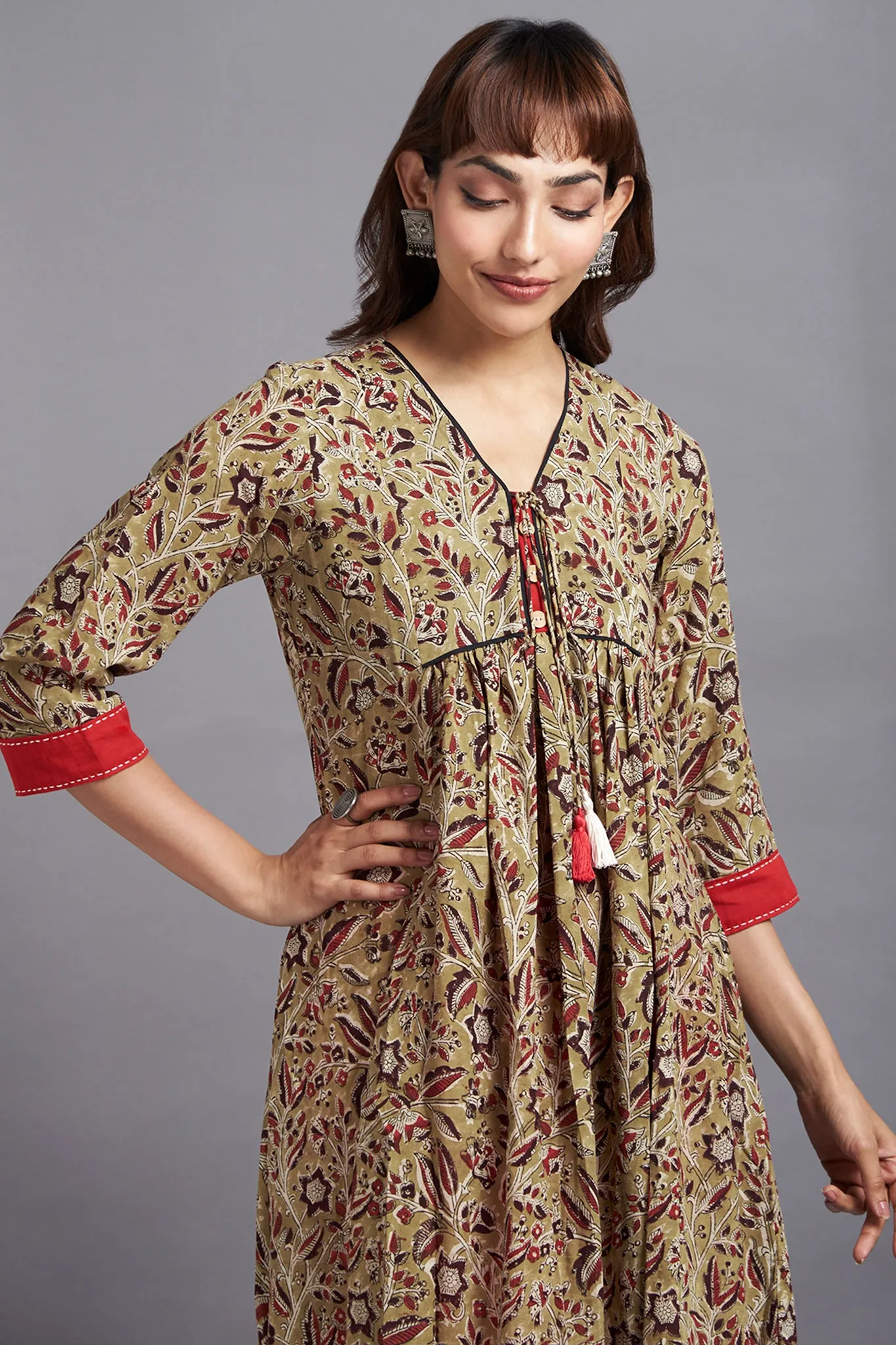 tie-up gather kali kurta - earthy green & charming wildflowers