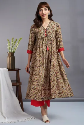 tie-up gather kali kurta - earthy green & charming wildflowers