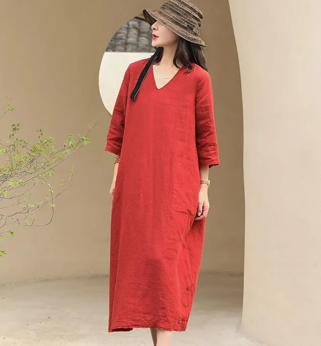V Neck Summer Women Linen Dresses Washed Soft Linen Summer Dresses 7292