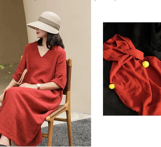 V Neck Summer Women Linen Dresses Washed Soft Linen Summer Dresses 7292