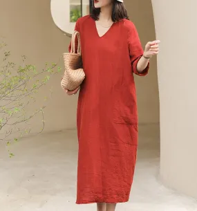 V Neck Summer Women Linen Dresses Washed Soft Linen Summer Dresses 7292