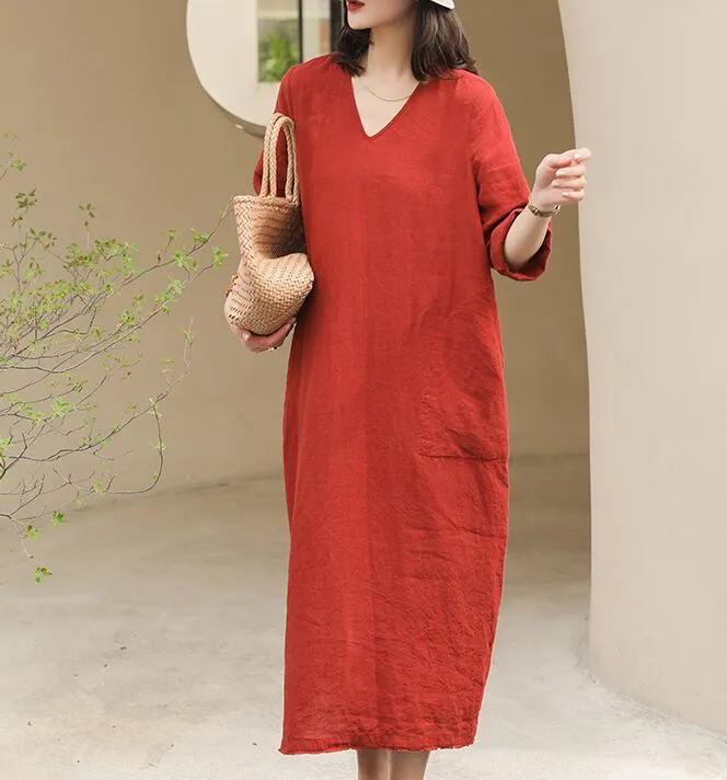 V Neck Summer Women Linen Dresses Washed Soft Linen Summer Dresses 7292