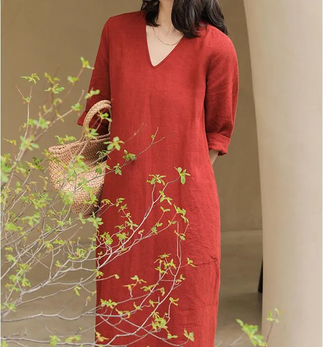 V Neck Summer Women Linen Dresses Washed Soft Linen Summer Dresses 7292