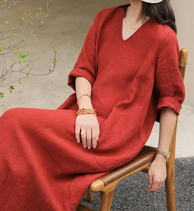 V Neck Summer Women Linen Dresses Washed Soft Linen Summer Dresses 7292