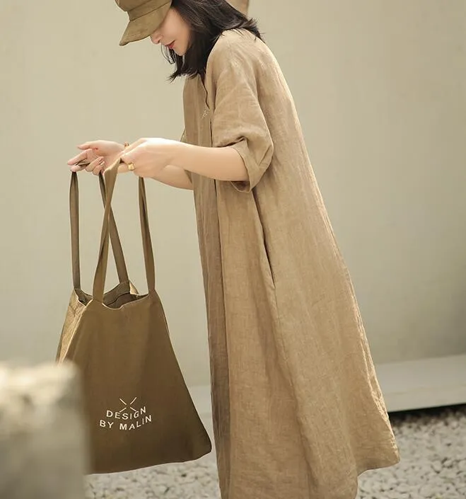 V Neck Washed Soft Summer Dresses Linen Drop Shoulder Women Dresses 5729
