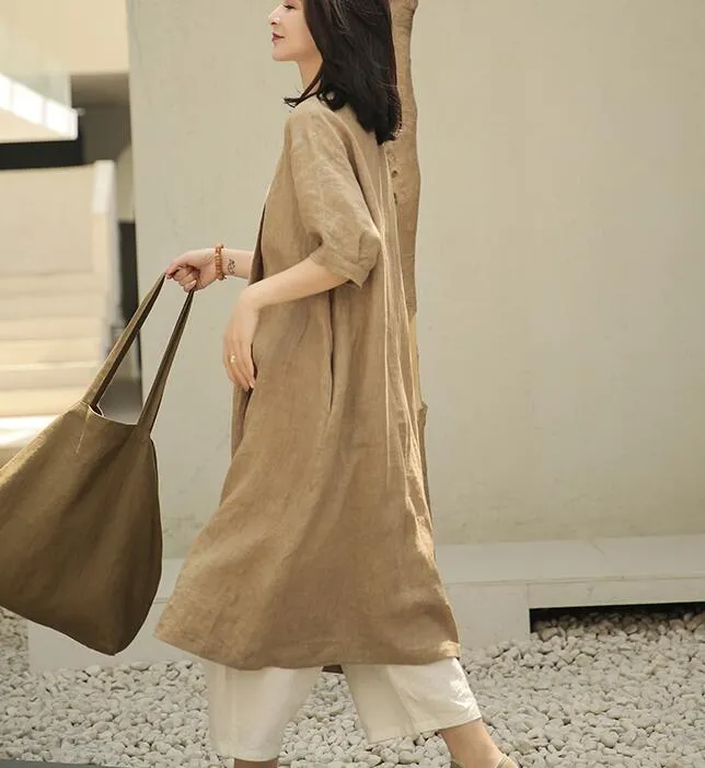V Neck Washed Soft Summer Dresses Linen Drop Shoulder Women Dresses 5729