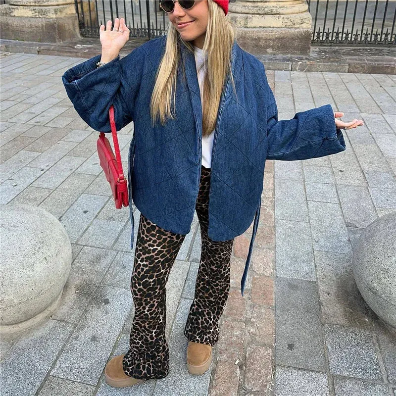 Vintage Casual Blue Oversized Solid Sashes High Street Girls Loose Outwear Jacket