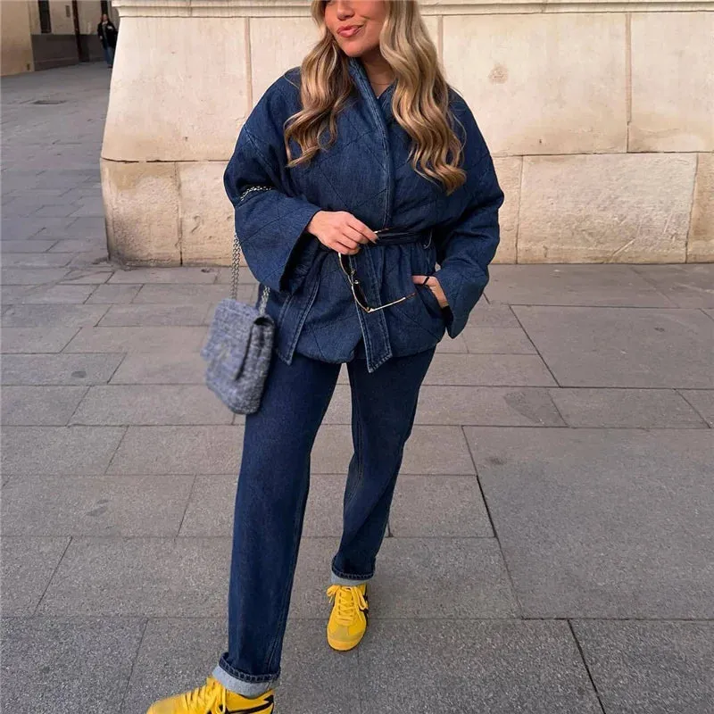 Vintage Casual Blue Oversized Solid Sashes High Street Girls Loose Outwear Jacket