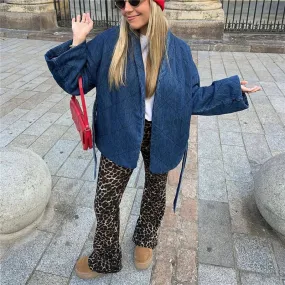 Vintage Casual Blue Oversized Solid Sashes High Street Girls Loose Outwear Jacket
