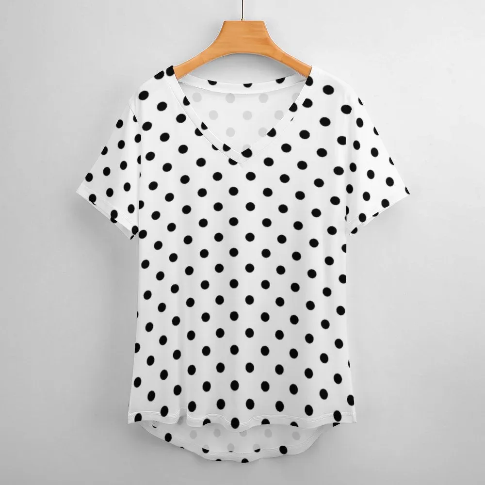 White With Black Polka Dots Women's V-Neck T-Shirt