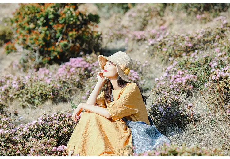 Yellow Linen Dress Summer Long Loose Women Linen Gown Dresses ZF98410